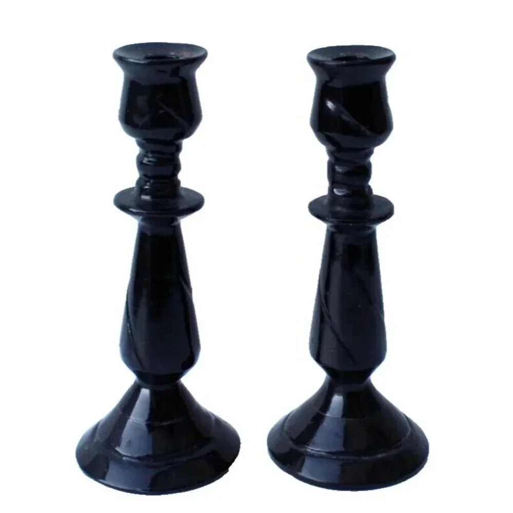 Vintage Pair Retro Black Carved Marble Candlesticks Home Decor